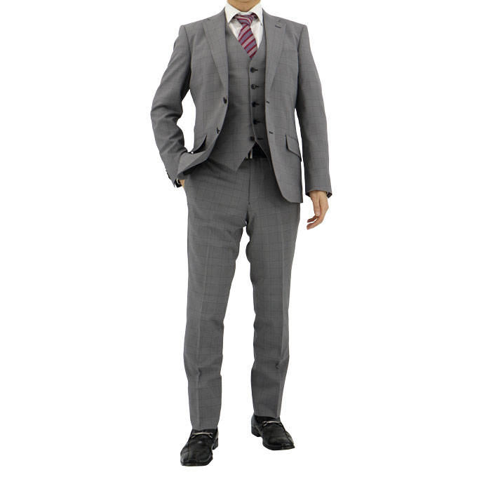 スリーピース スーツ グレー グレンチェック ストレッチ リンクル