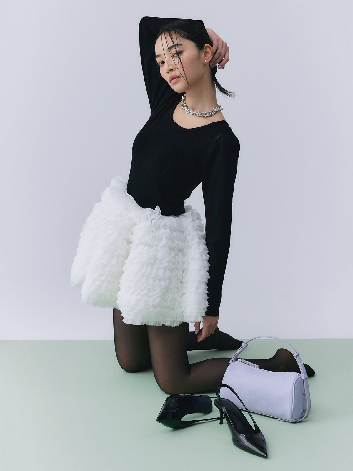 ボリュームチュールフリルニットワンピース