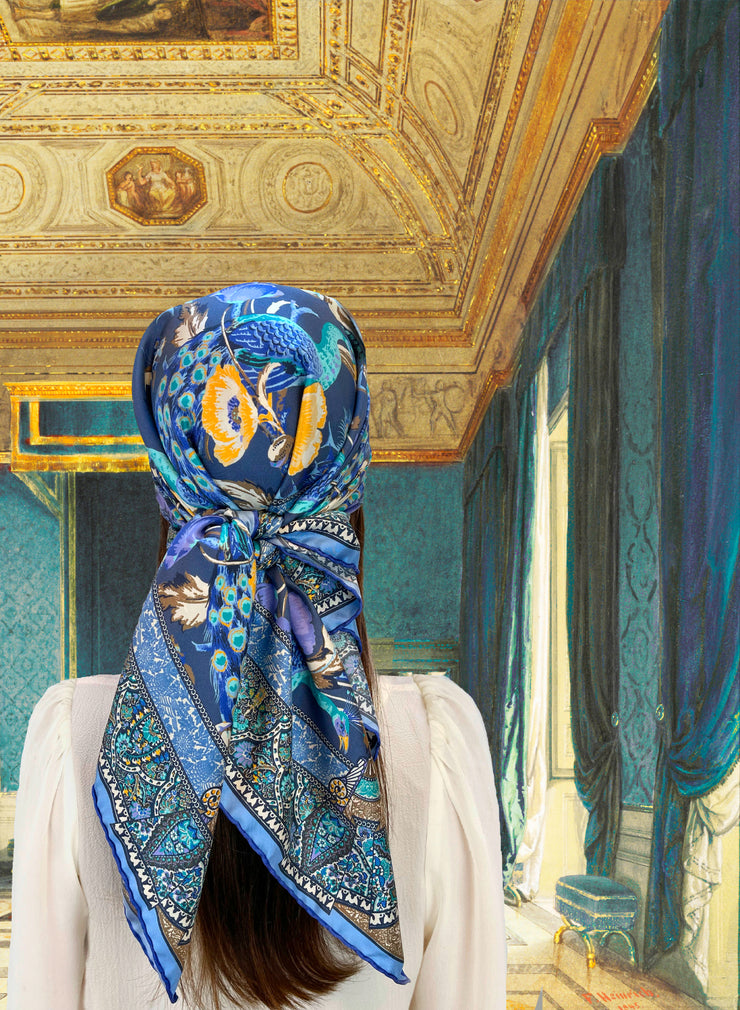 Elwyn New York Poppy Peacock Party Scarf | Hand sewn designer silk