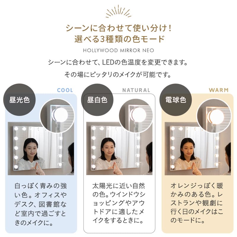 LEDライト付き ドレッサー3点セット デスク スツール 女優ミラー 幅