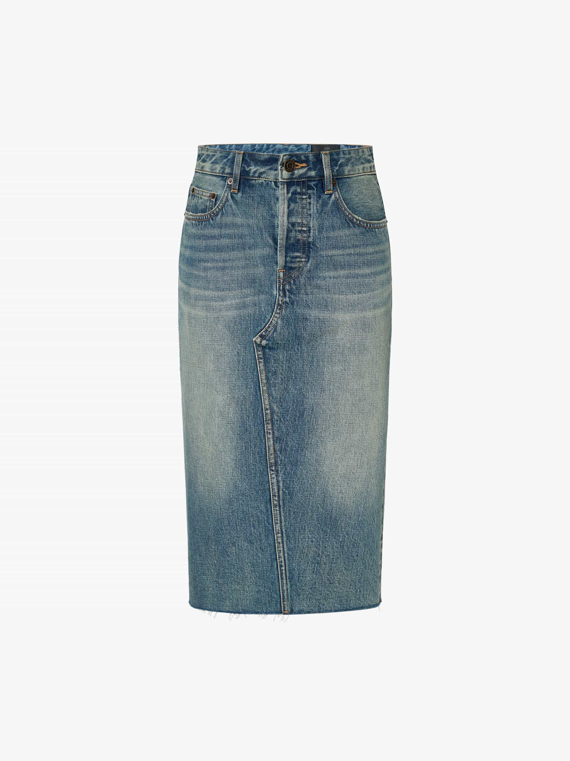 MO&Co. Noir Women's Back Slit Vintage Washed Midi Denim Skirt