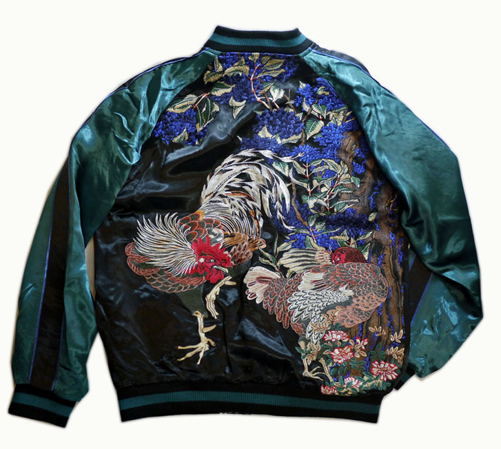 花旅楽団 [鶏と紫陽花] リバーシブルスカジャン ブラック／ブルー