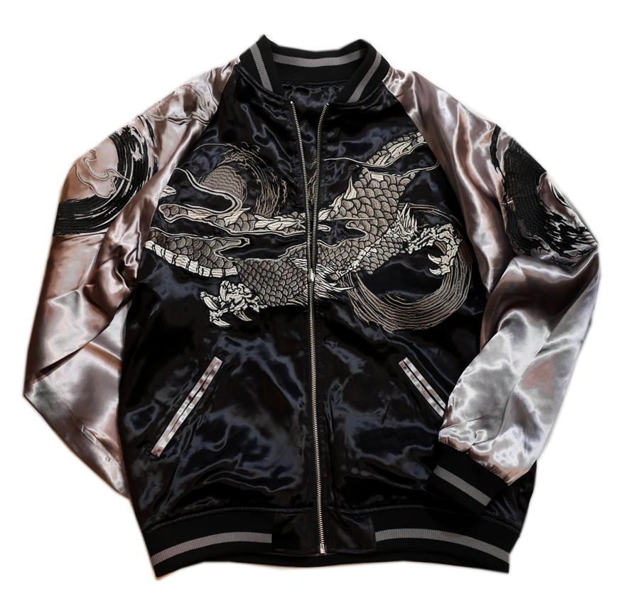 絡繰魂 [ 龍 ] 刺繍 リバーシブル スカジャン ブラック×グレー 244032