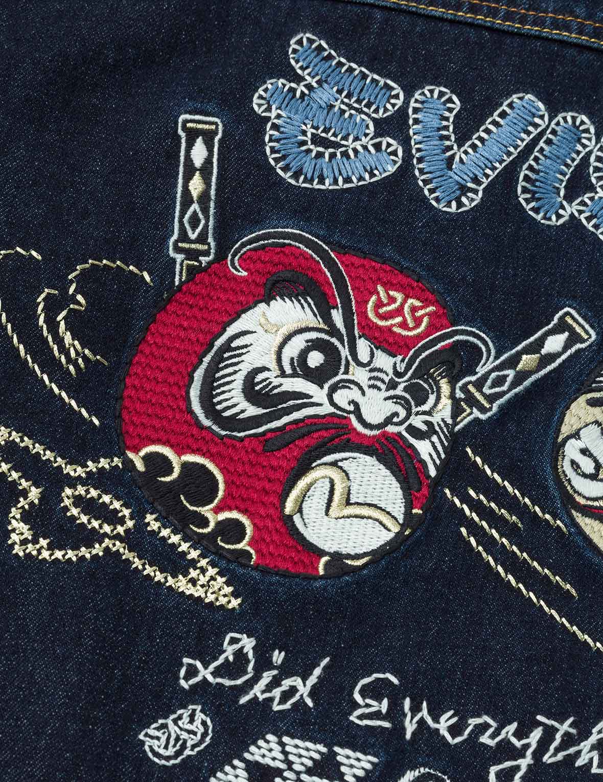 忍者だるま刺繍レギュラーフィットパッド入りデニムジャケット – EVISU