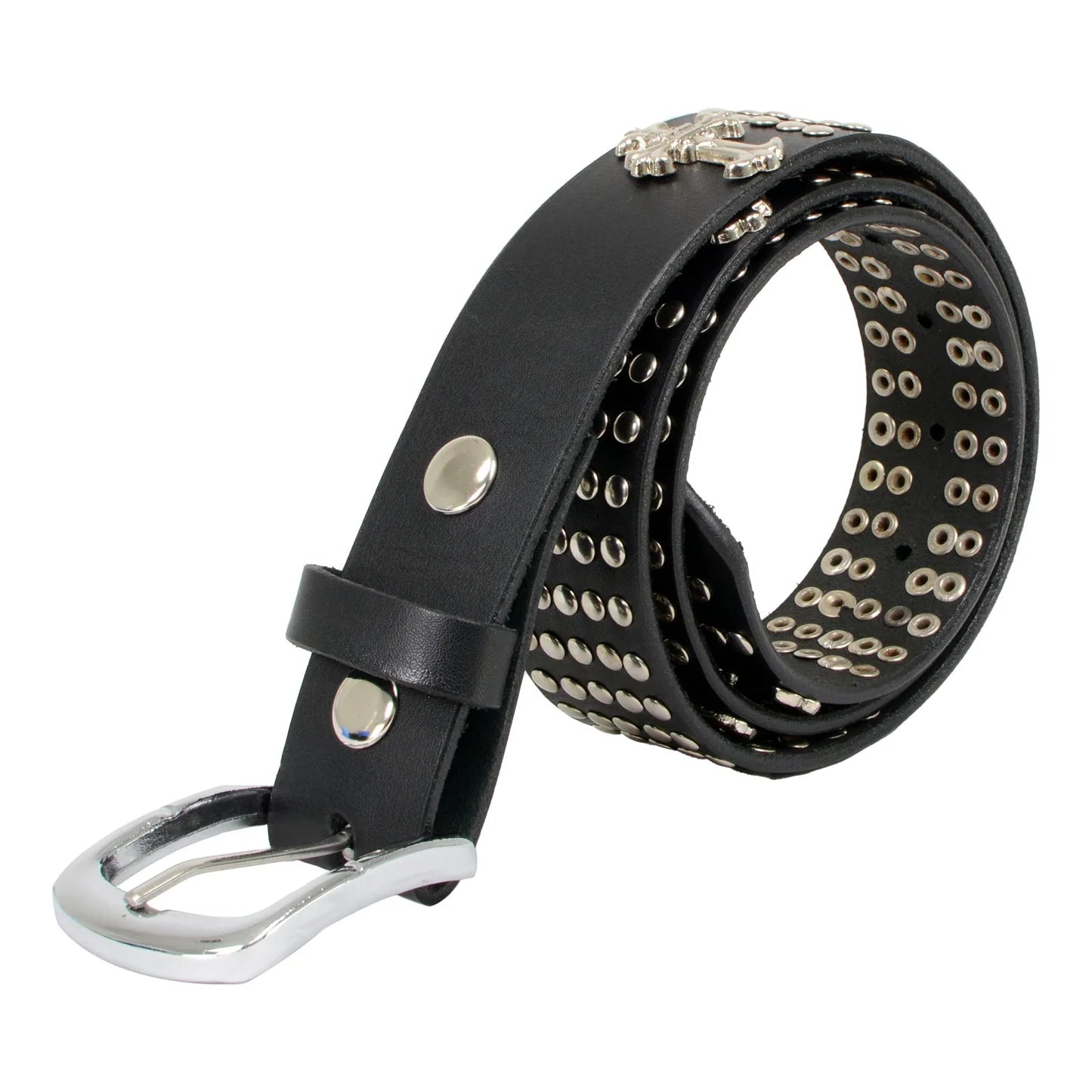 Men's Cross and Stud Black Genuine Leather Biker Belt with