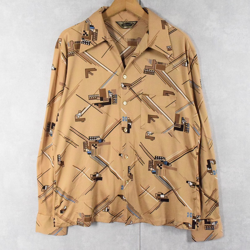 70s 70年代 オープンカラー イタリアンカラー 開襟 長袖 総柄