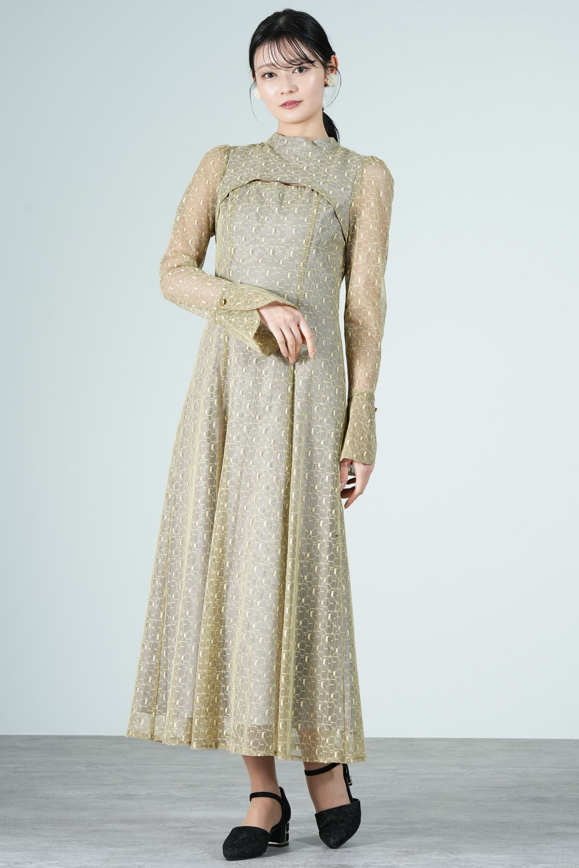 ANDRESD 幾何学柄バックシャンイエロードレス (L) をレンタル - 結婚式