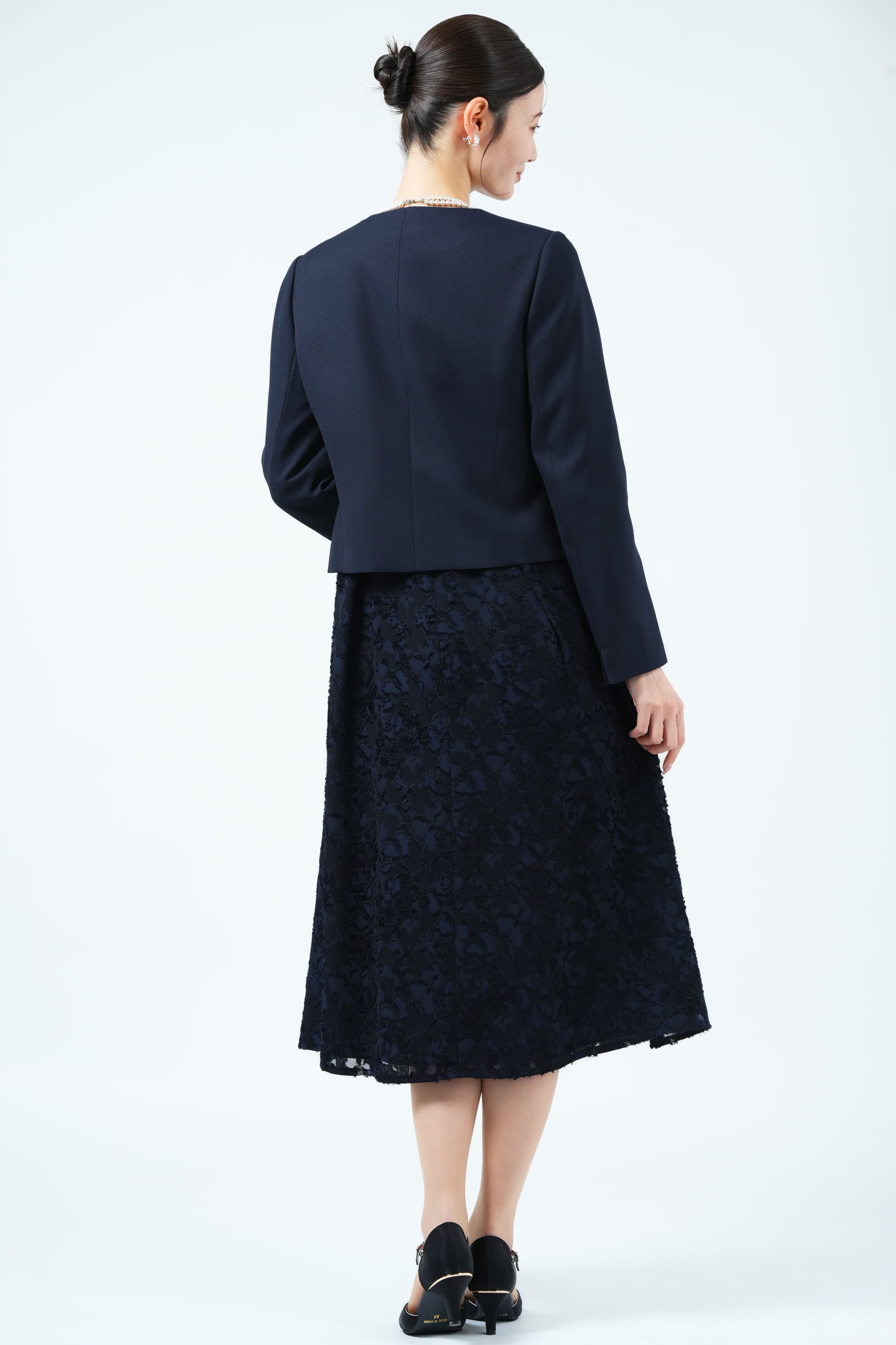 RIFANNE 東京ソワール カットジャガード織りネイビードレスセット (LL