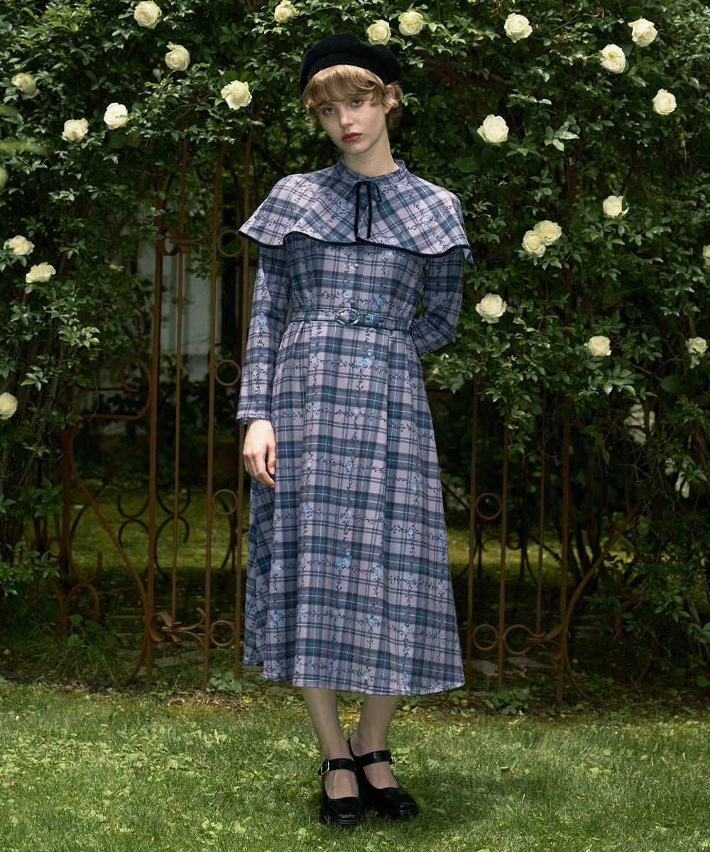プチフラワーチェック柄ケープ付きワンピース/F i.n.t [55AE02j004