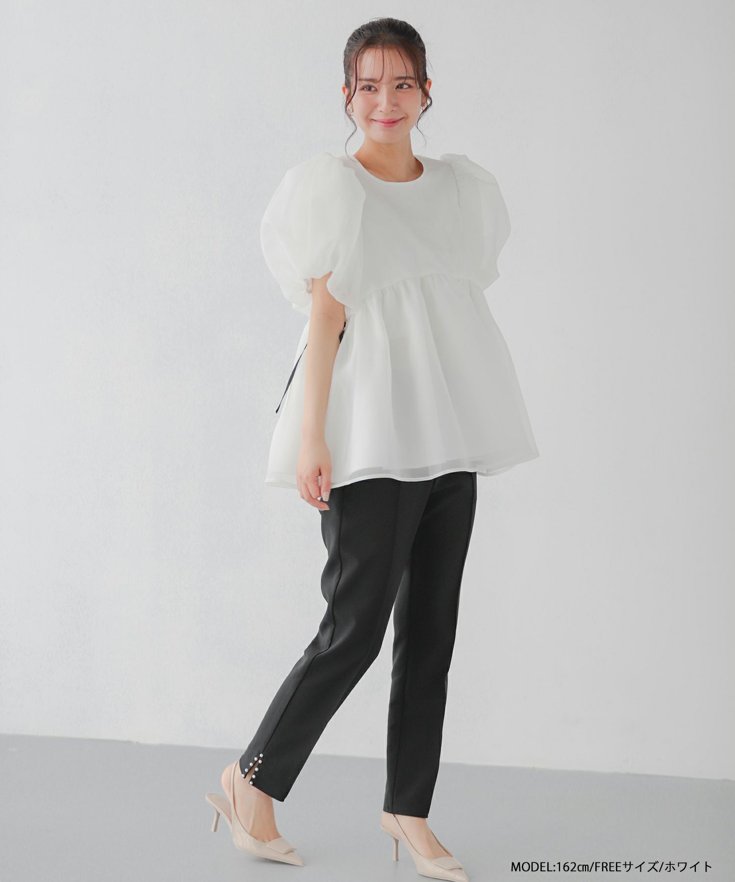 fitmore♡ クリンクルシアーオーガンジーボリュームスリーブトップス