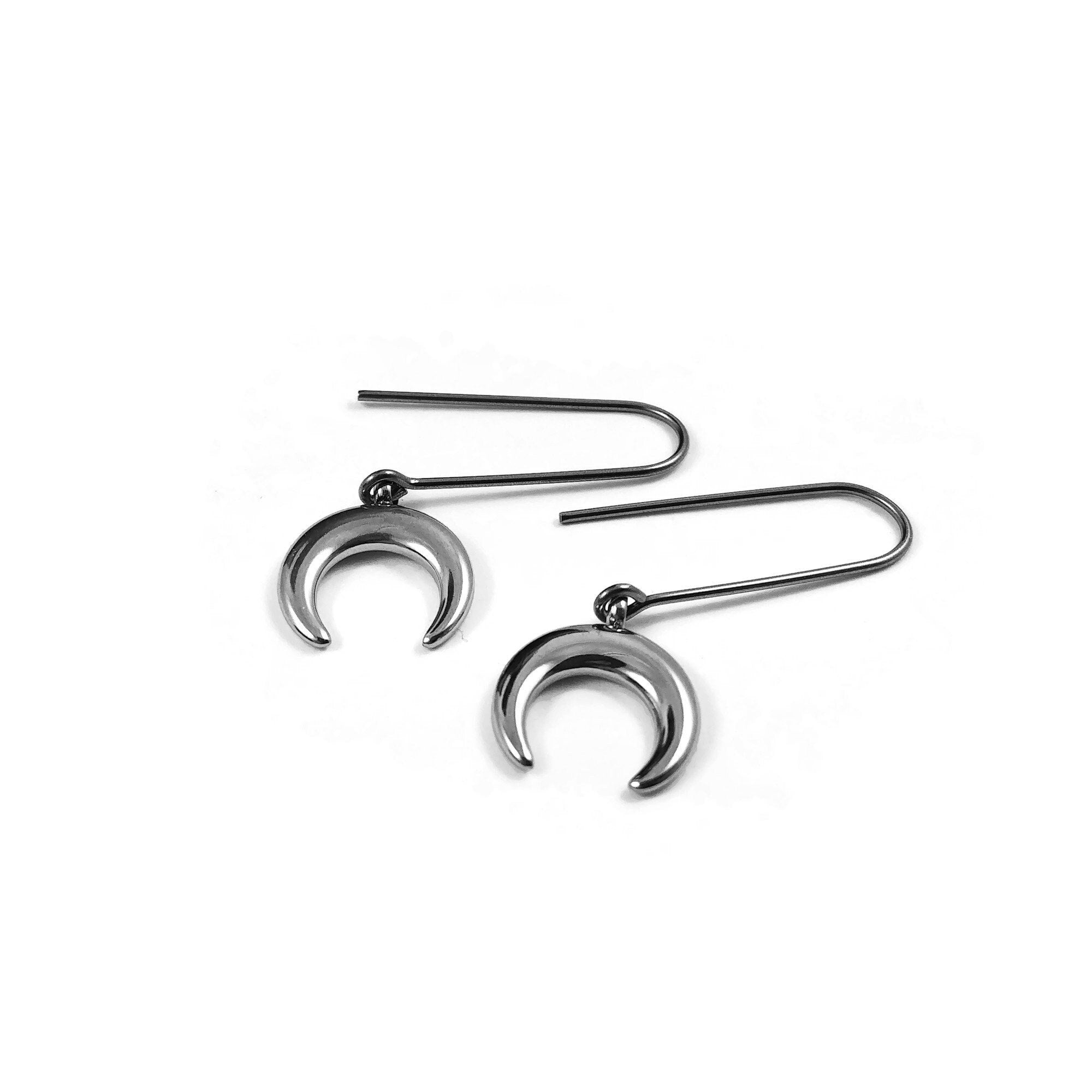 Crescent moon earrings, Pure niobium threaders, Minimalist jewelry