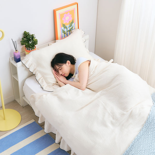 フリル ガーゼ 掛け布団カバー シングル アイボリー×ブラック