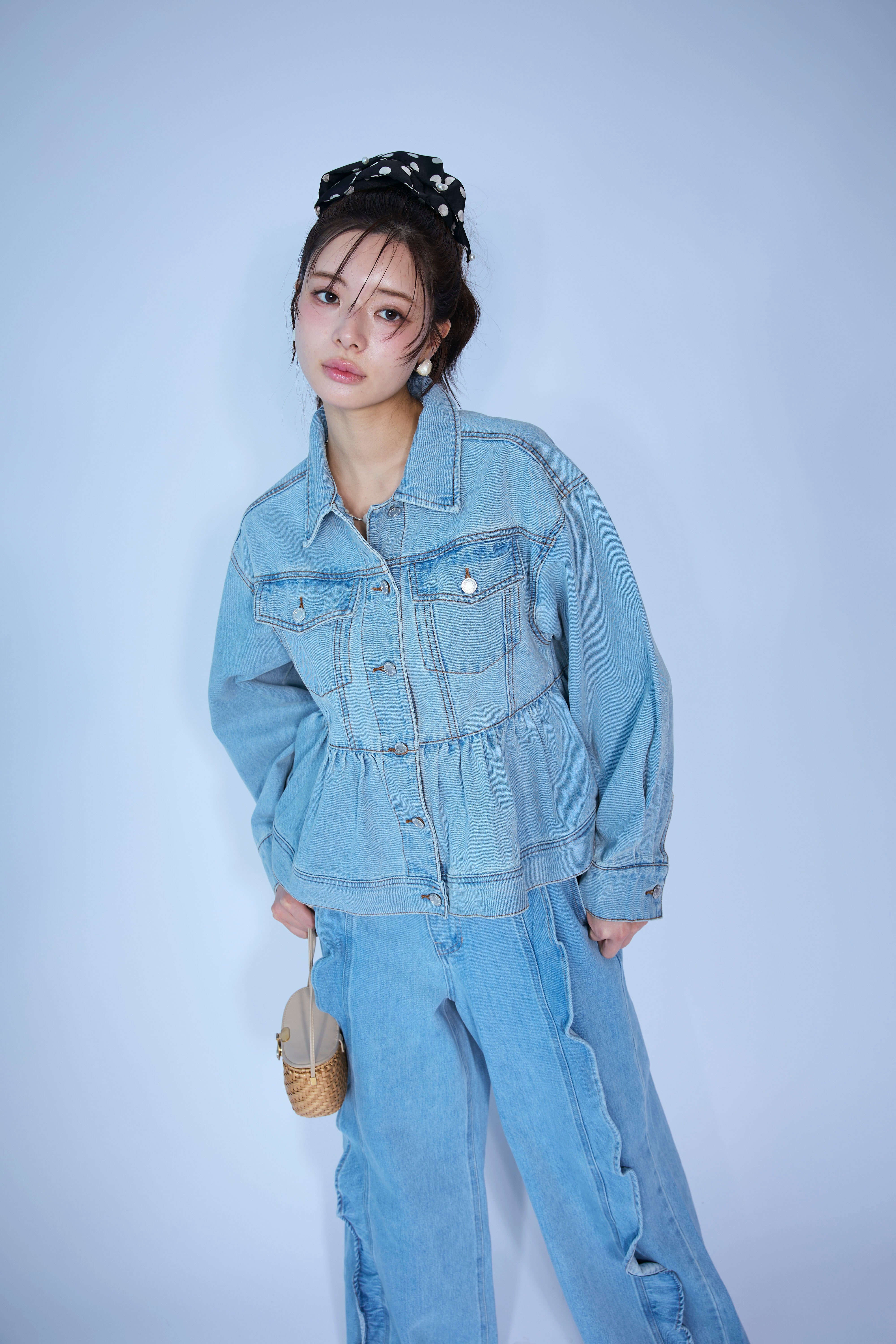 予約/SET]ペプラムデニムジャケット+フリルウェーブデニムパンツ(2set