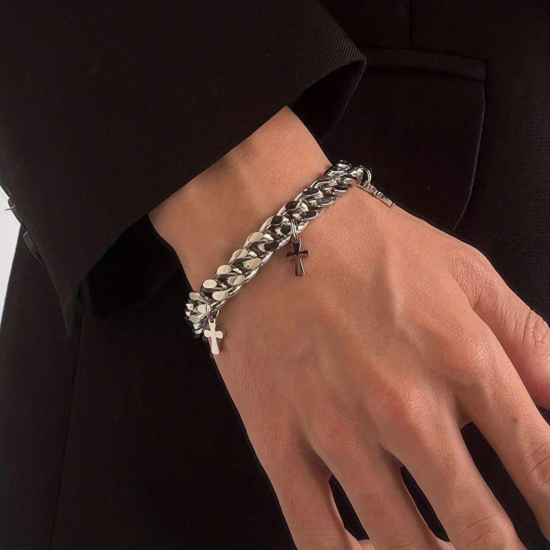 ブレスレットメンズ 十字架チャーム付き喜平チェーンブレスレット