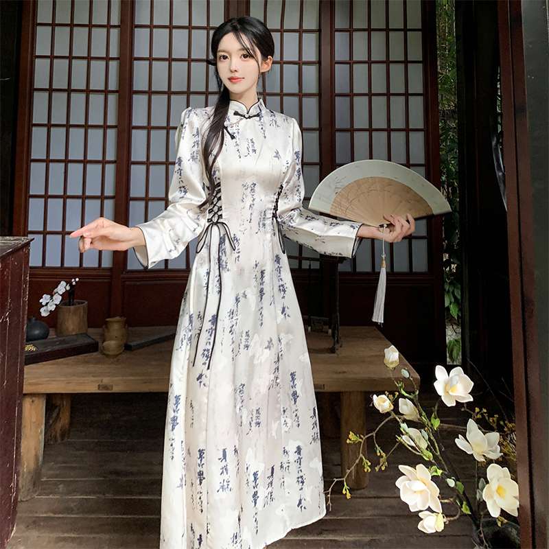 チャイナ服 優雅な書道柄チャイナドレスワンピース ワンピース