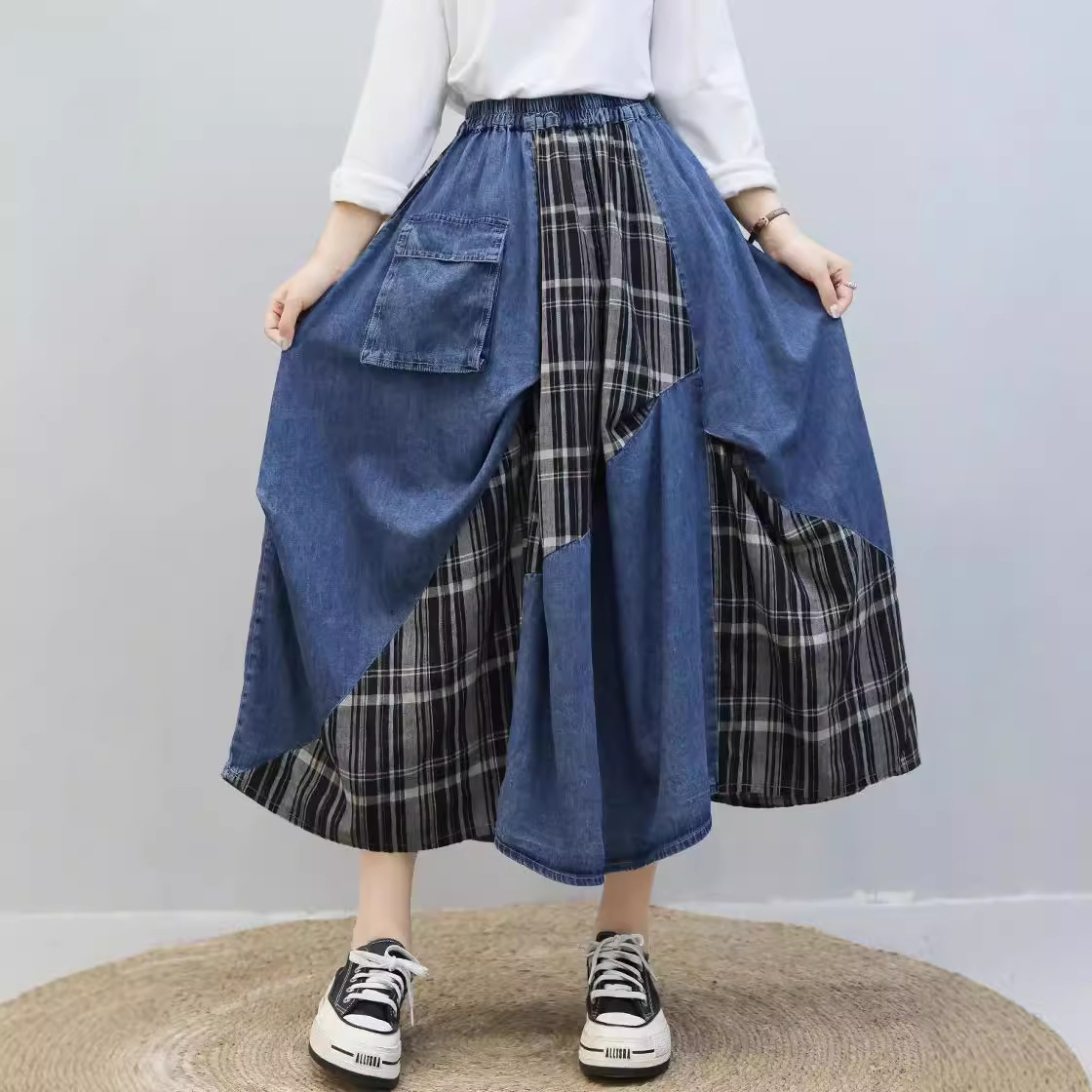 デニムスカート パッチワーク切替デニムフレアスカート フレアスカート