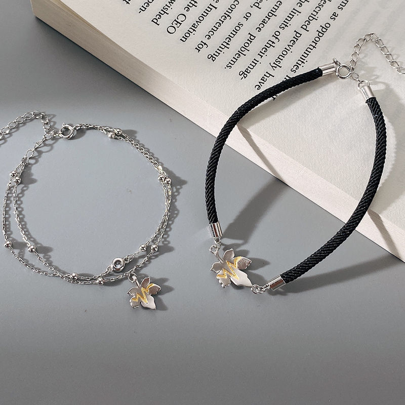 ペアブレスレット 花モチーフ付き二連チェーンブレスレット シルバー