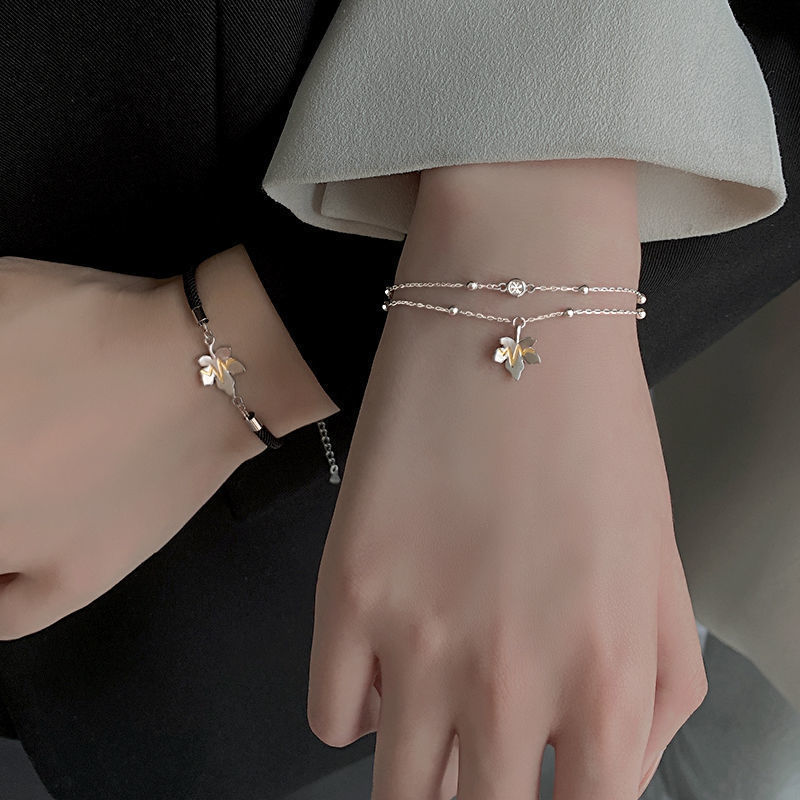 ペアブレスレット 花モチーフ付き二連チェーンブレスレット シルバー