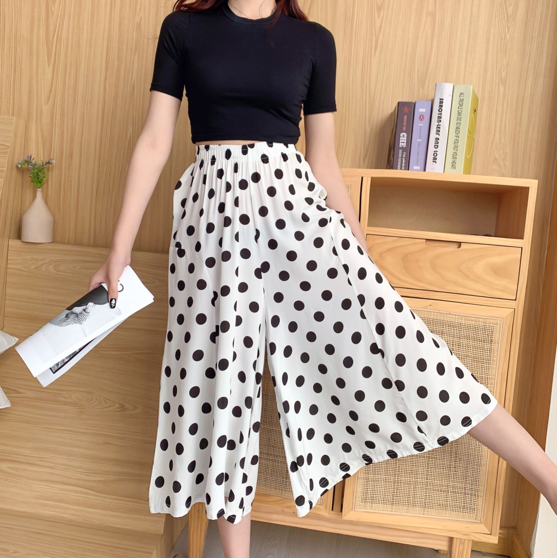 柄 パンツ 優美花柄とドット模様のガウチョパンツ ドット 柄|柄 パンツ