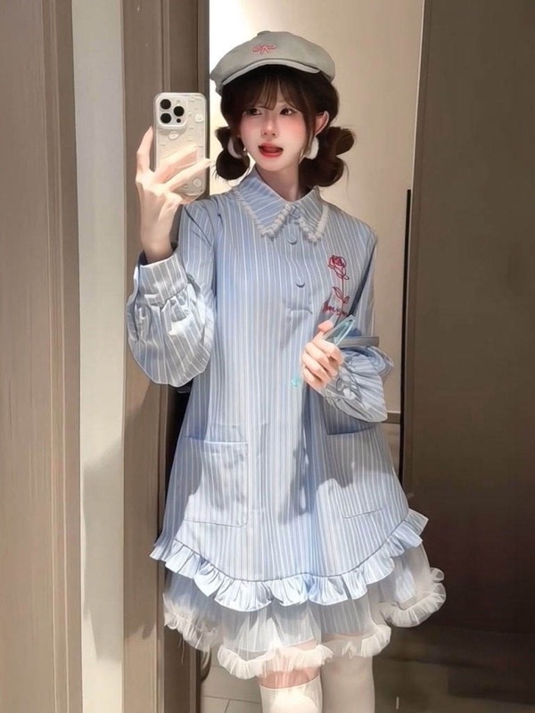 ストライプシャツ 水色ストライプ長袖シャツワンピース フリル付き