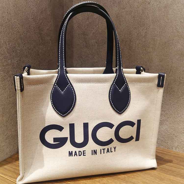 グッチ GUCCI プリント ミニ トートバッグ ベージュ/ネイビー