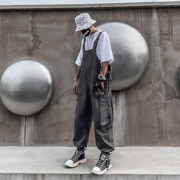 Qoo10] メンズレディース オーバーオール 黒 ジ