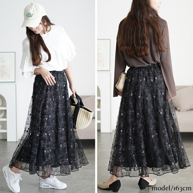 大きいサイズ レディース ラメ花柄刺繍チュールフレアスカート maru