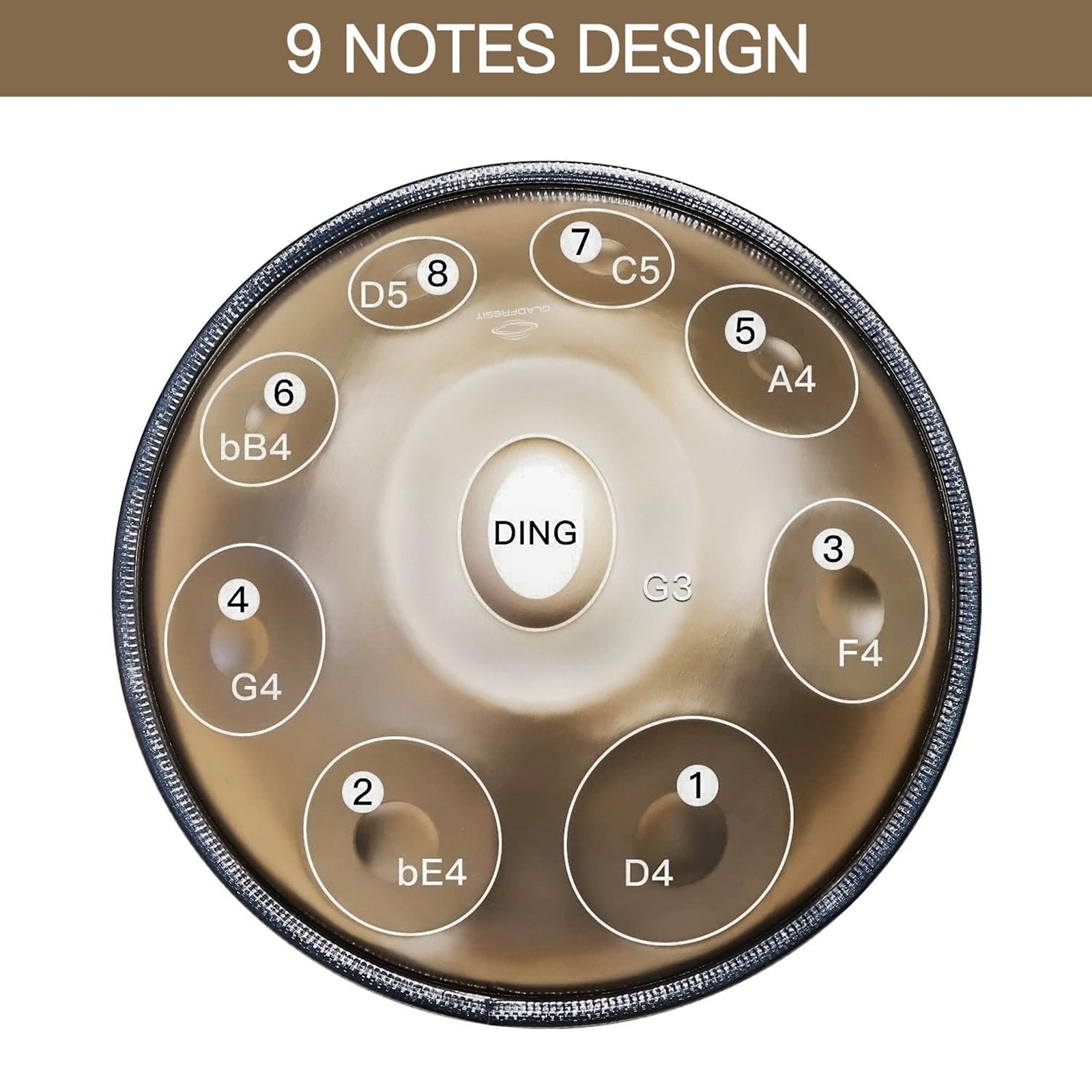 GLADFRESIT Mini Handpan Gold 9 Notes G Minor 18 Inches with Accessorie