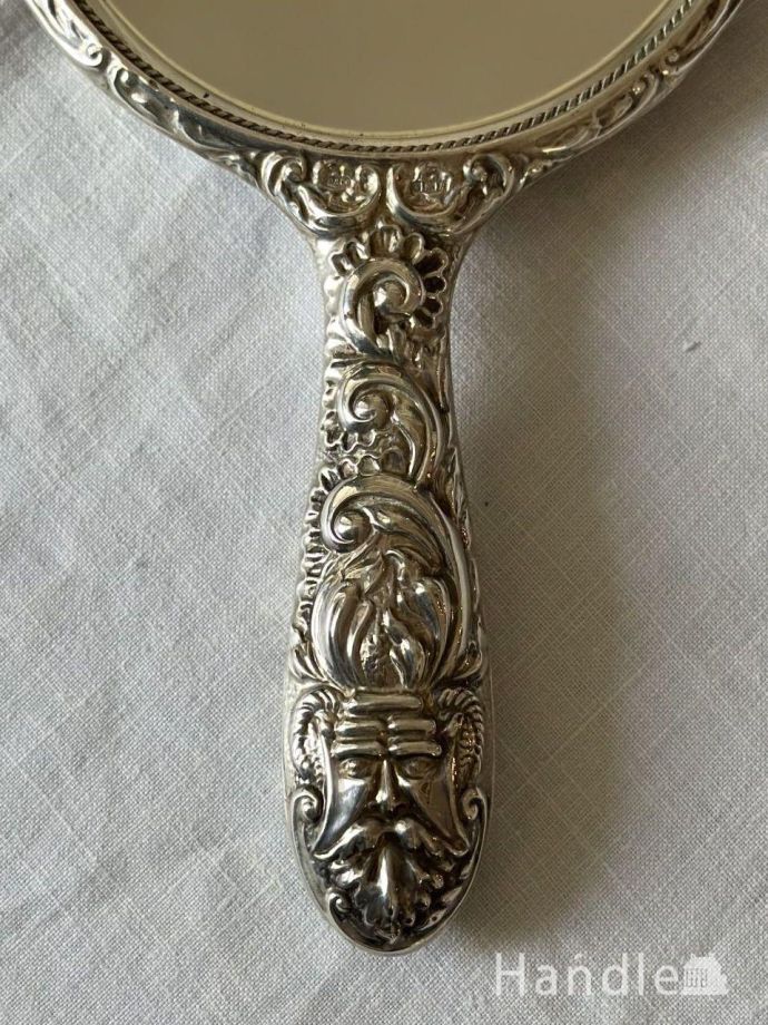 英国から届いたアンティークの手鏡、装飾が美しいハンドミラー(h-1114