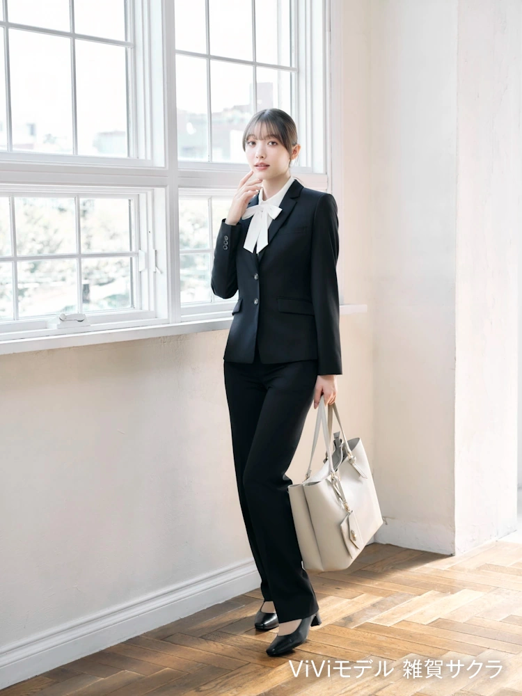 ウォッシャブル】パンツ ストレート 黒無地 ビエラスティコ 無地 ViVi