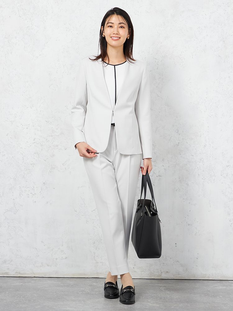 L．グレー 【INDIVI】ウォッシャブル ノーカラージャケット ダブル