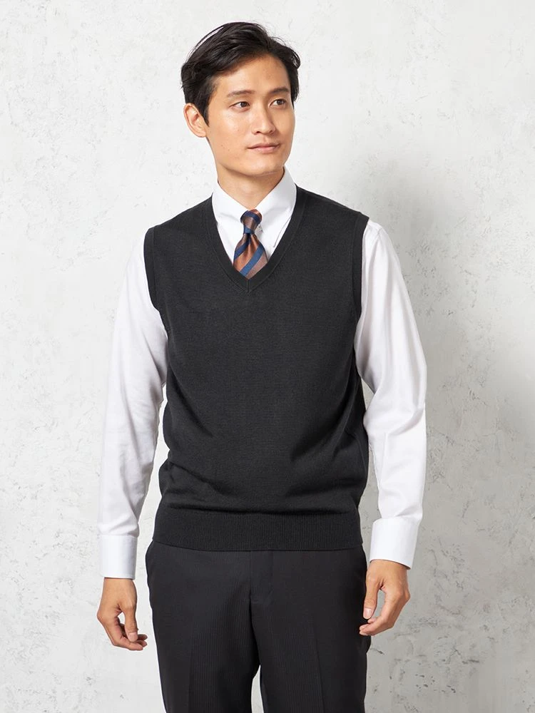 ブラック 【ウォッシャブル】ニット Vネックベスト 放電 抗ピリング