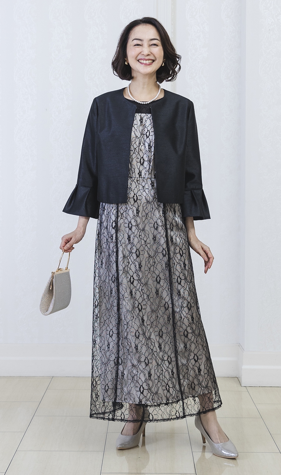 光沢デザインジャケット＋ラッセルレースロングドレスセット（RTL