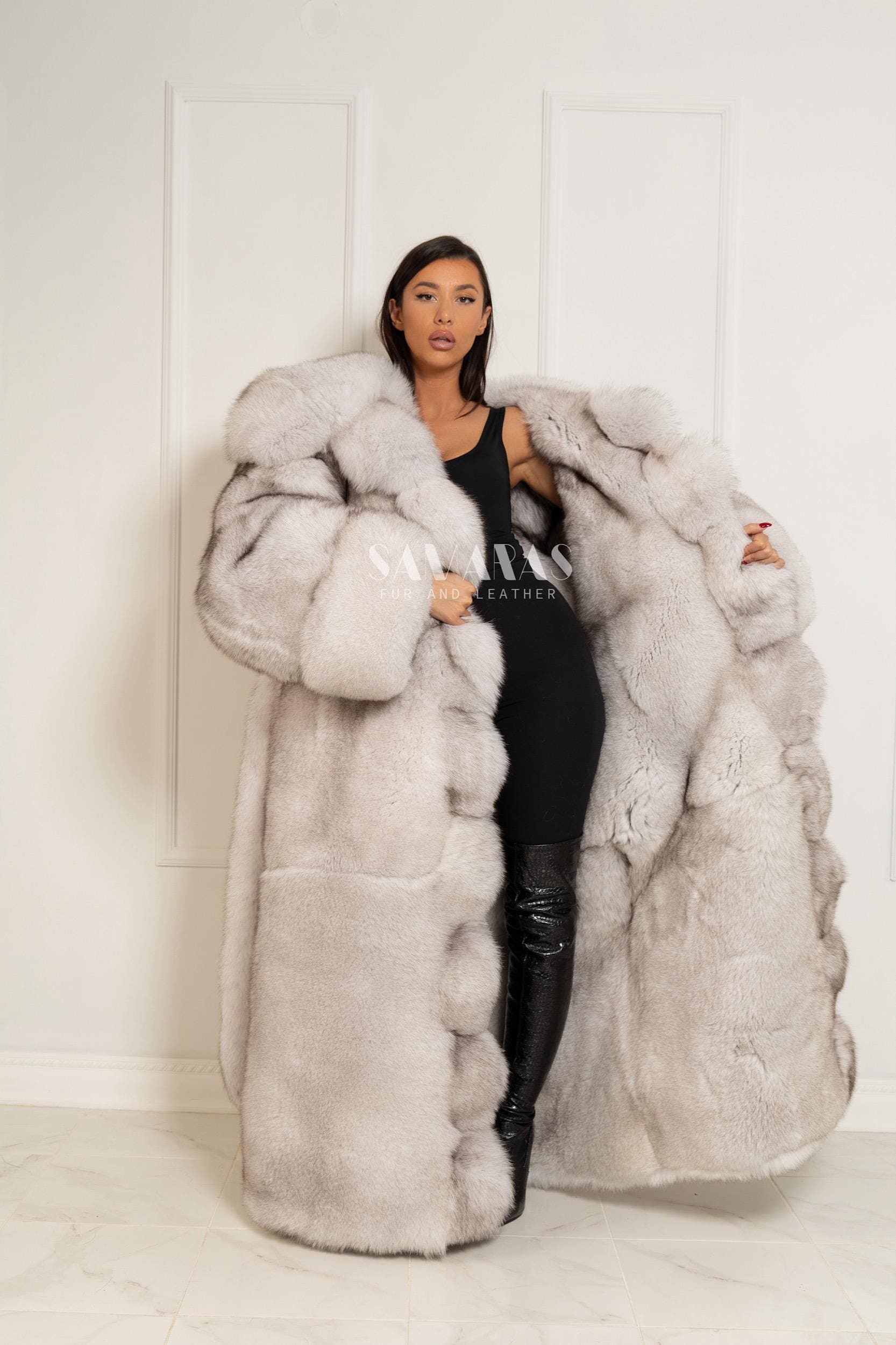 高級両面フルレングスブルーフォックスコート、ファーベルト付き