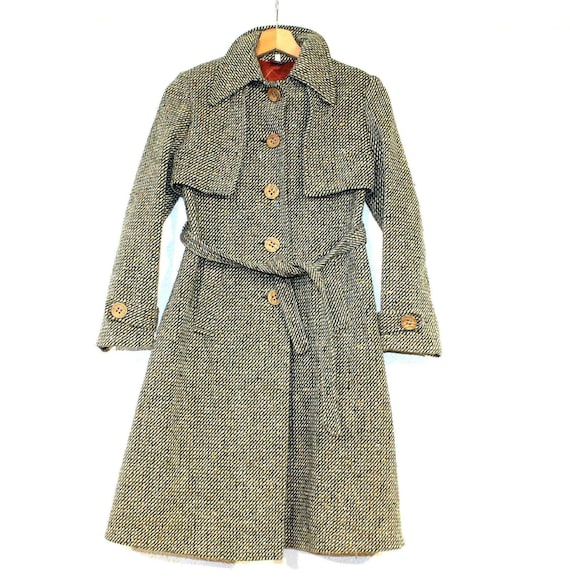 ツイードオーバーコート グリーンウール ベルト付きトレンチコート XS