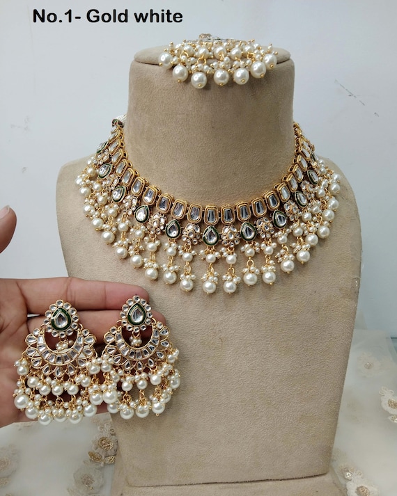 Kundan Bridal Necklace Set, Gold Plated Indian Jewelry With Tikka