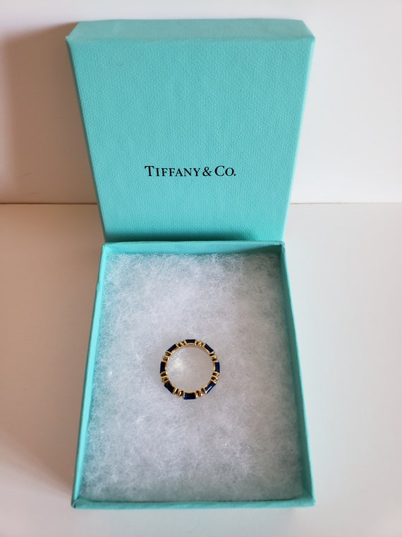 Authentic Tiffany & Co. 18K Gold Bamboo Ring With Royal Blue