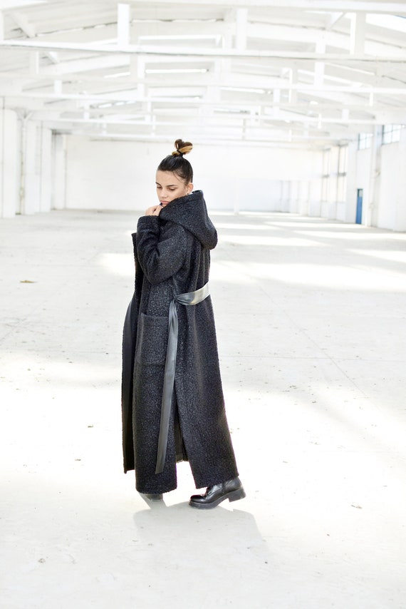 Long Black Wool Coat, Hooded Winter Coat, Oversized Belted Maxi