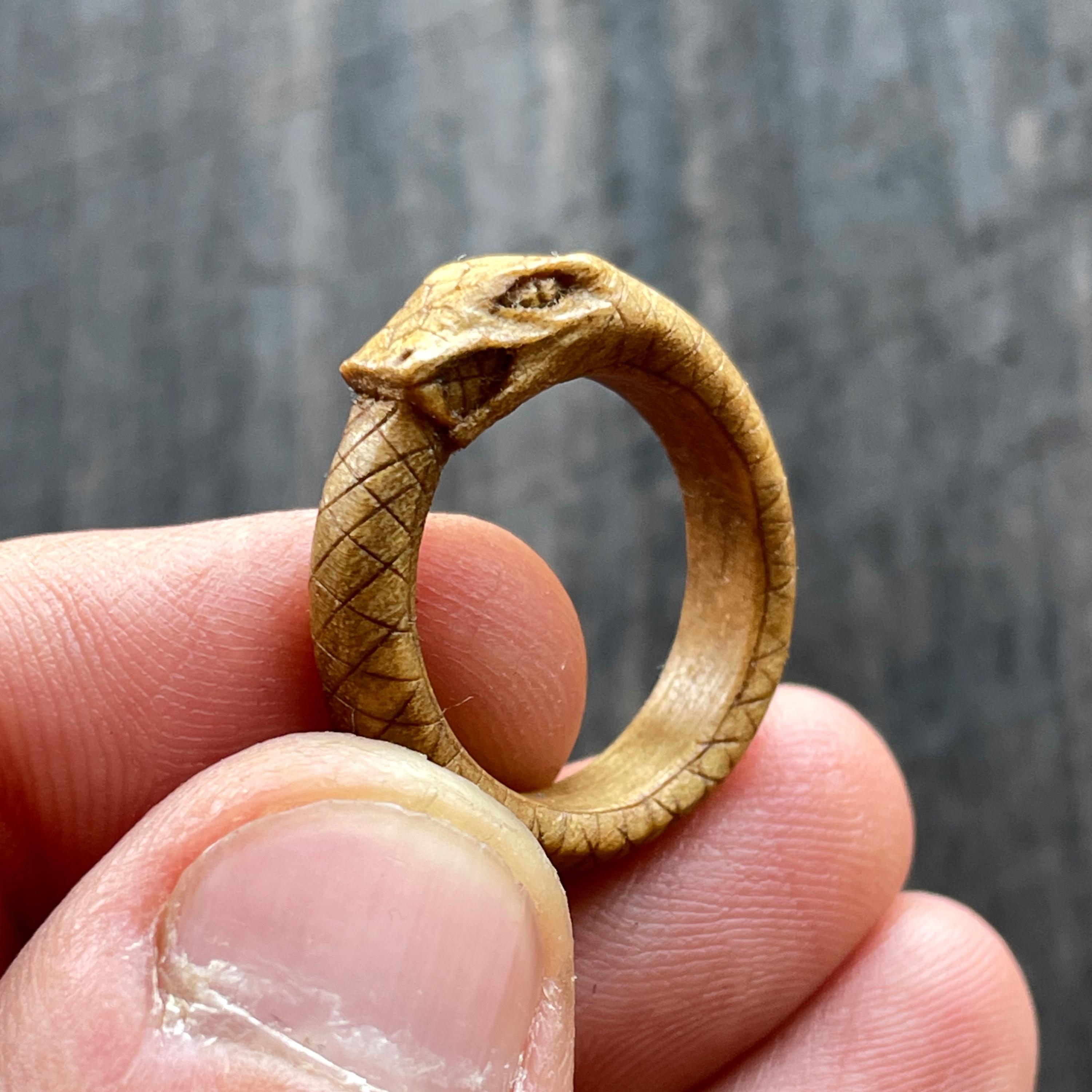 Ouroboros Snake Eating Its Tail Ring Hand Carved in Walut Wood