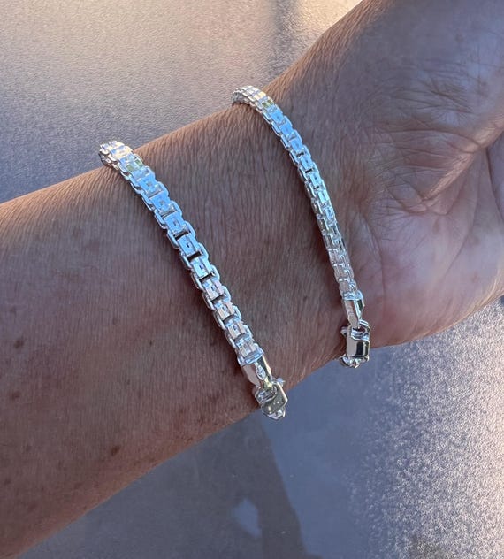 925 Sterling Silver Double Box Link Bracelet 3mm 4mm. Men's