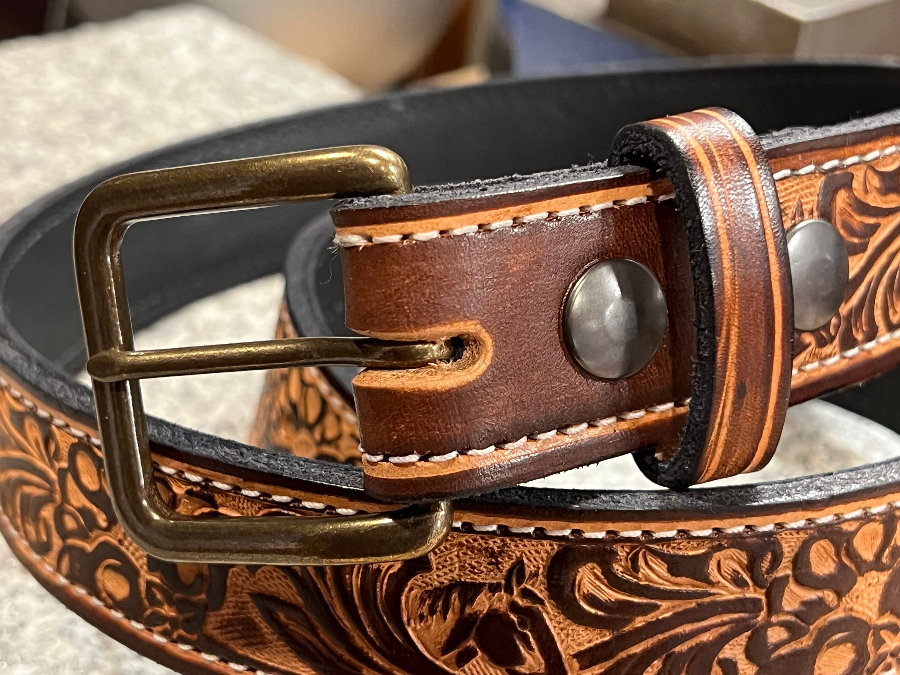 Leather Belt Floral Horse Head Embossed