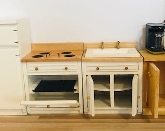 1:12スケールのミニチュアキッチンシンク＆コンロセット、ドールハウス