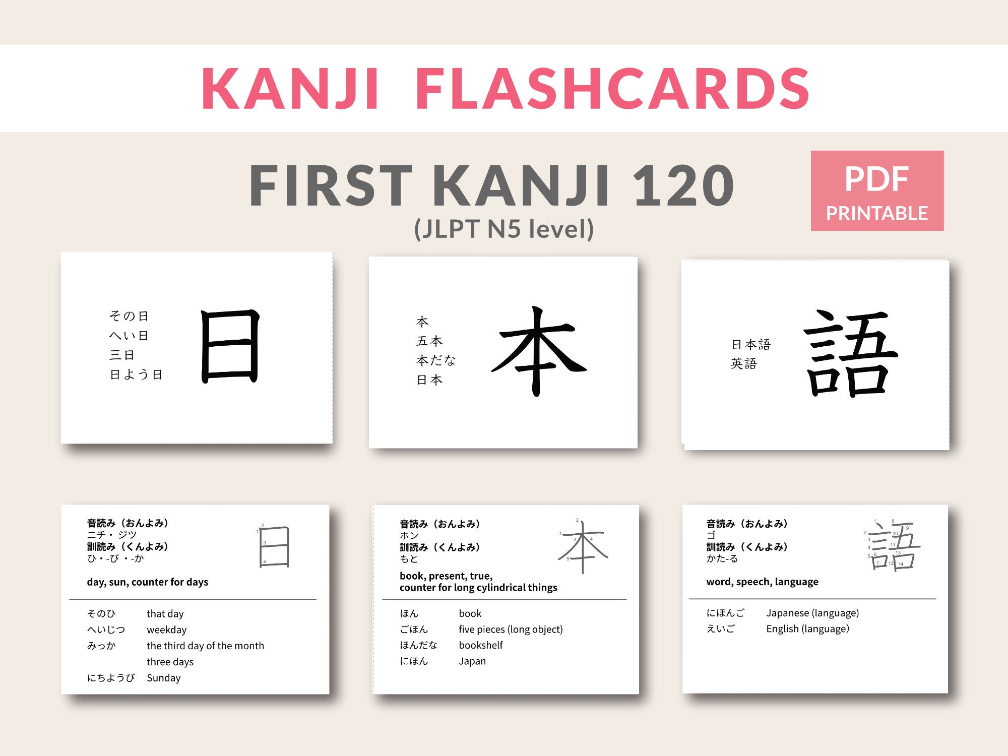 Japanese Kanji Flashcards: JLPT N5 Vocabulary (printable PDF