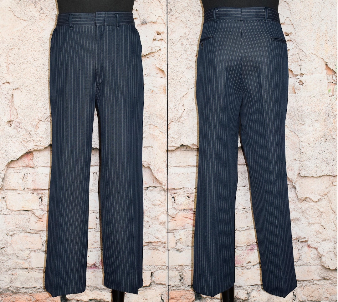 Vintage Men's 90s Dark Blue & White Pinstripe Polyester Dress