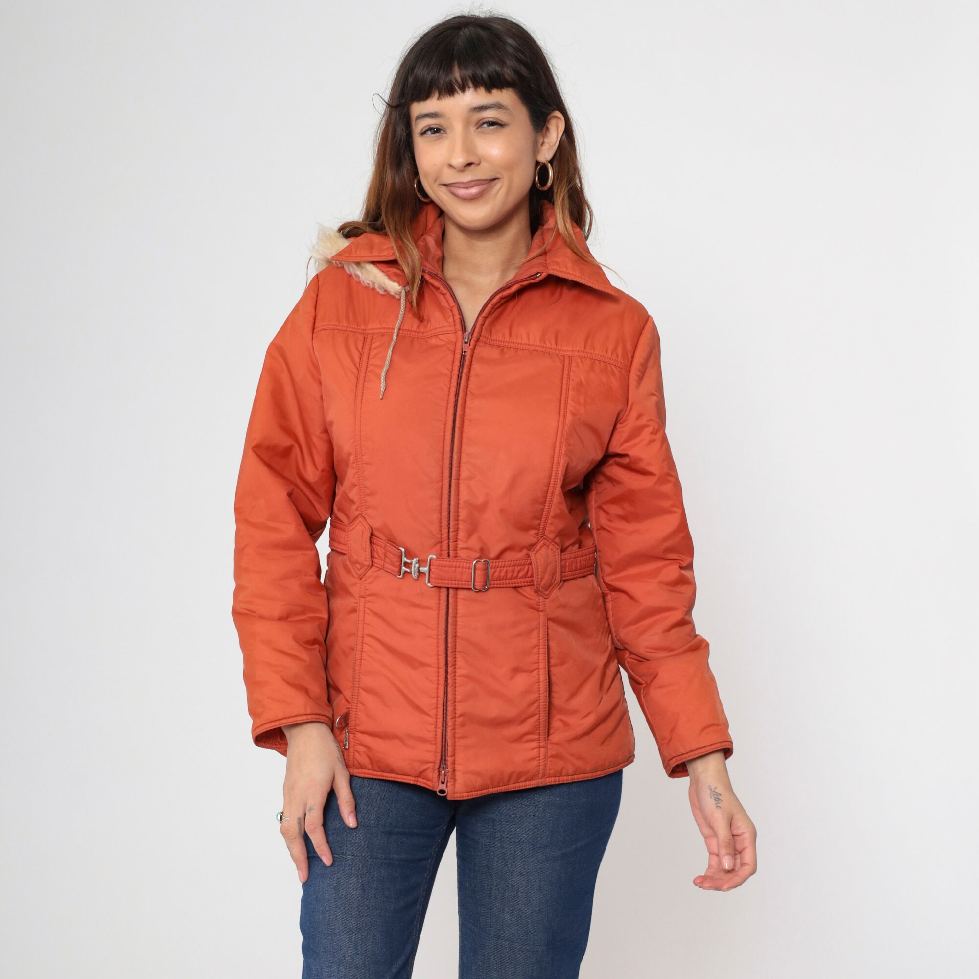 70s Parka Jacket Faux Fur Hooded Coat Burnt Orange Hood Puffy