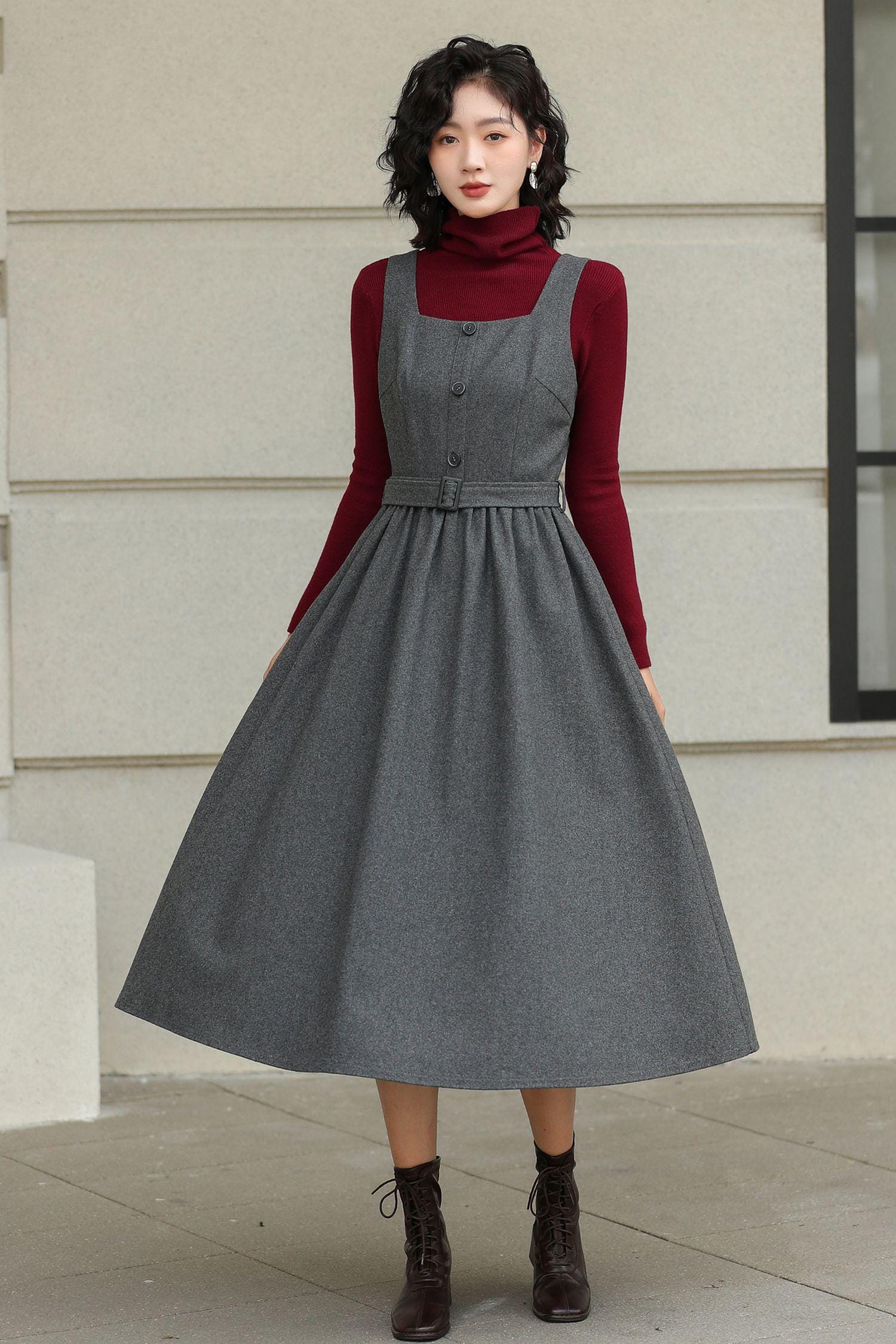 Grey Wool-blend Pinafore Dress: Women A-line Midi Jumper With Belt