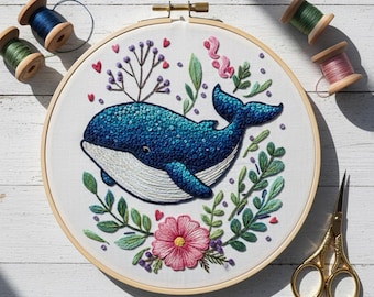 クジラの手刺繍パターン、クジラのパターン、海のパターン、手刺繍