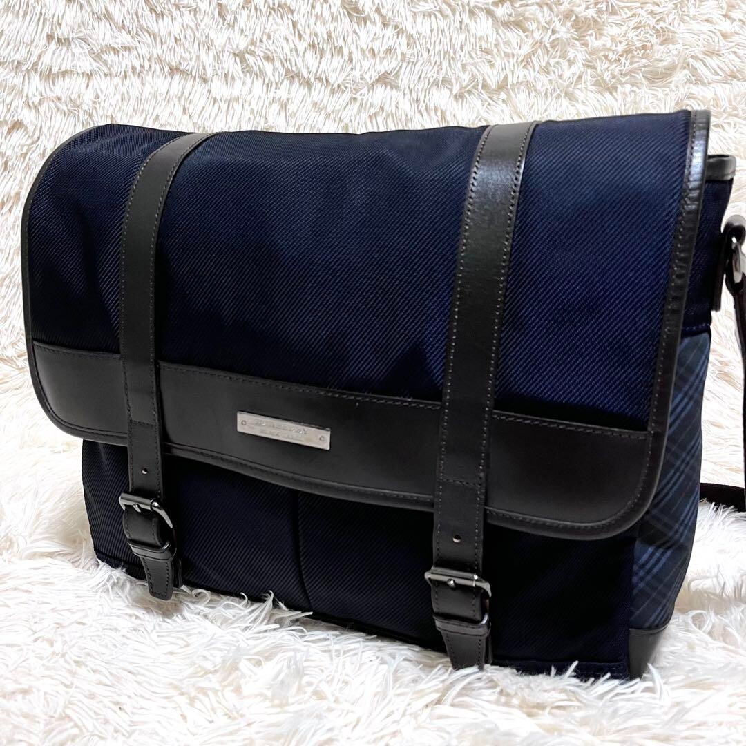 Burberry Black Label Messenger Bag Navy Brown Canvas leather