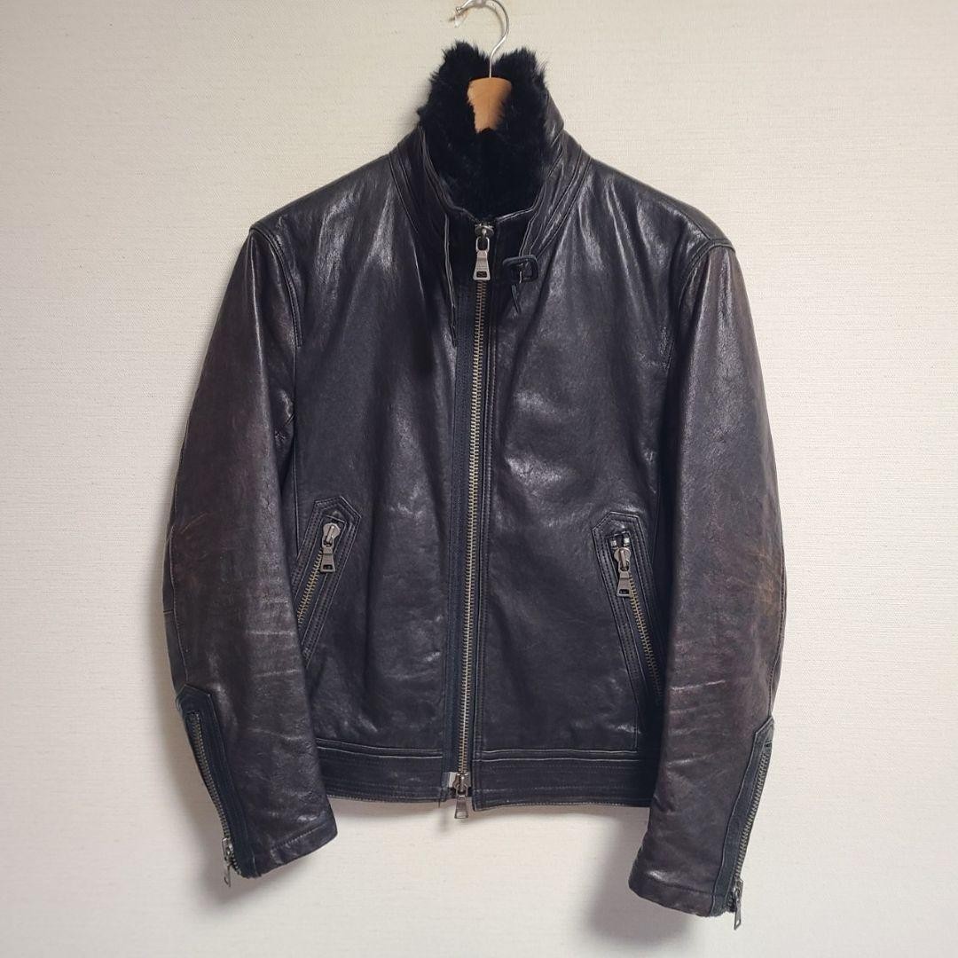 Burberry Black Label Men's Leather Riders Jacket Stand Collar Fur