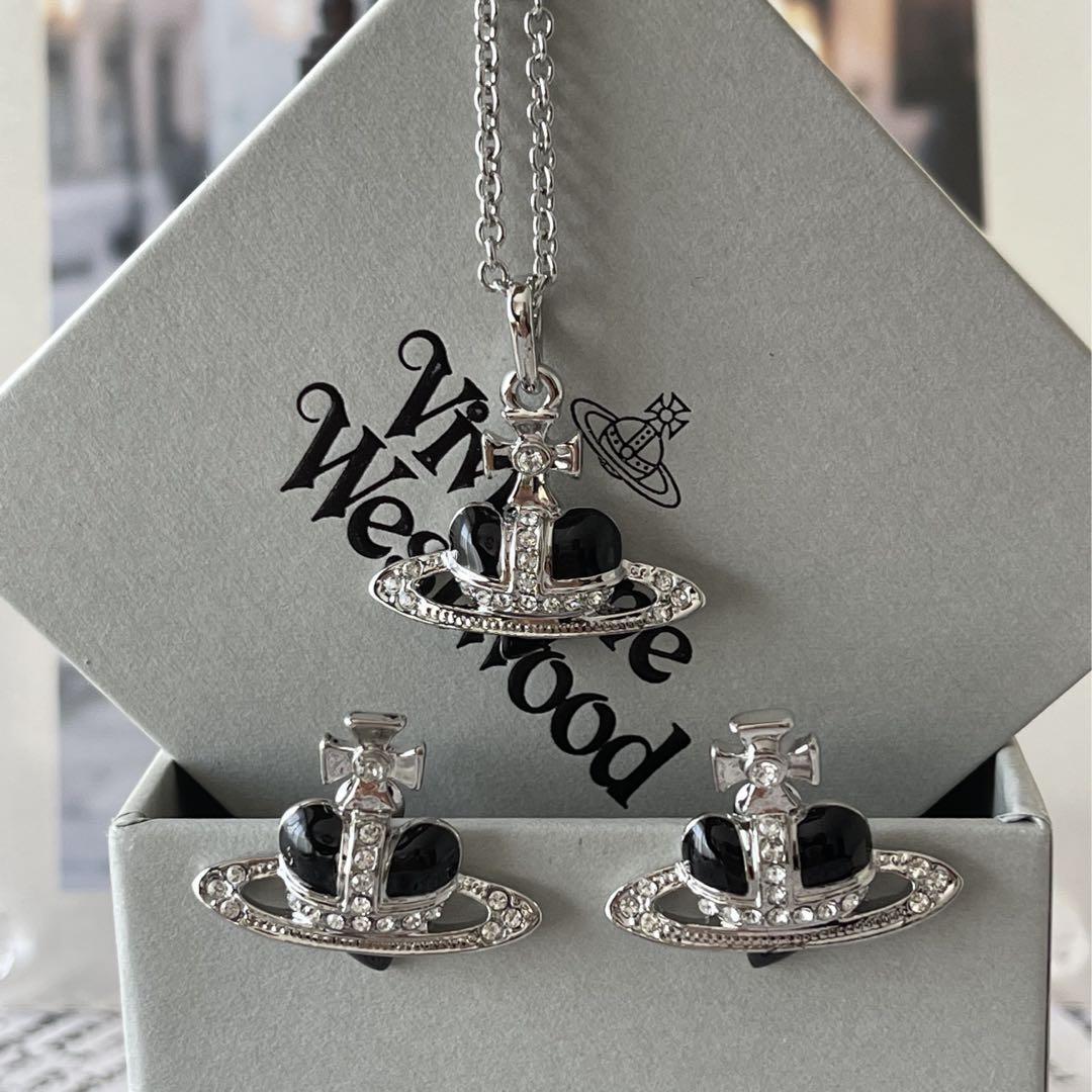 Vivienne Westwood Diamante Heart Silver Black Necklace Earrings